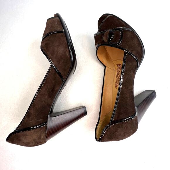 Sofft Womens Classic Pumps Size 7.5M Brown Suede Patent Leather Trim Peep Toe - Picture 6 of 12